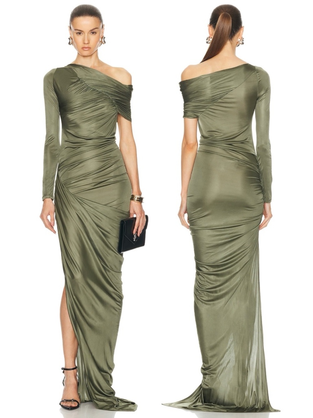 Atlein Shiny Jersey Off The Shoulder One Sleeve Ruched Gown Mousse Green NWT 38‎